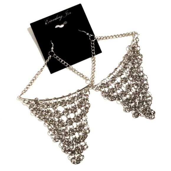 Women Silver tone Chainmail Statement Earrings – Bold Metal Mesh Dangle Earrings - Picture 1 of 8
